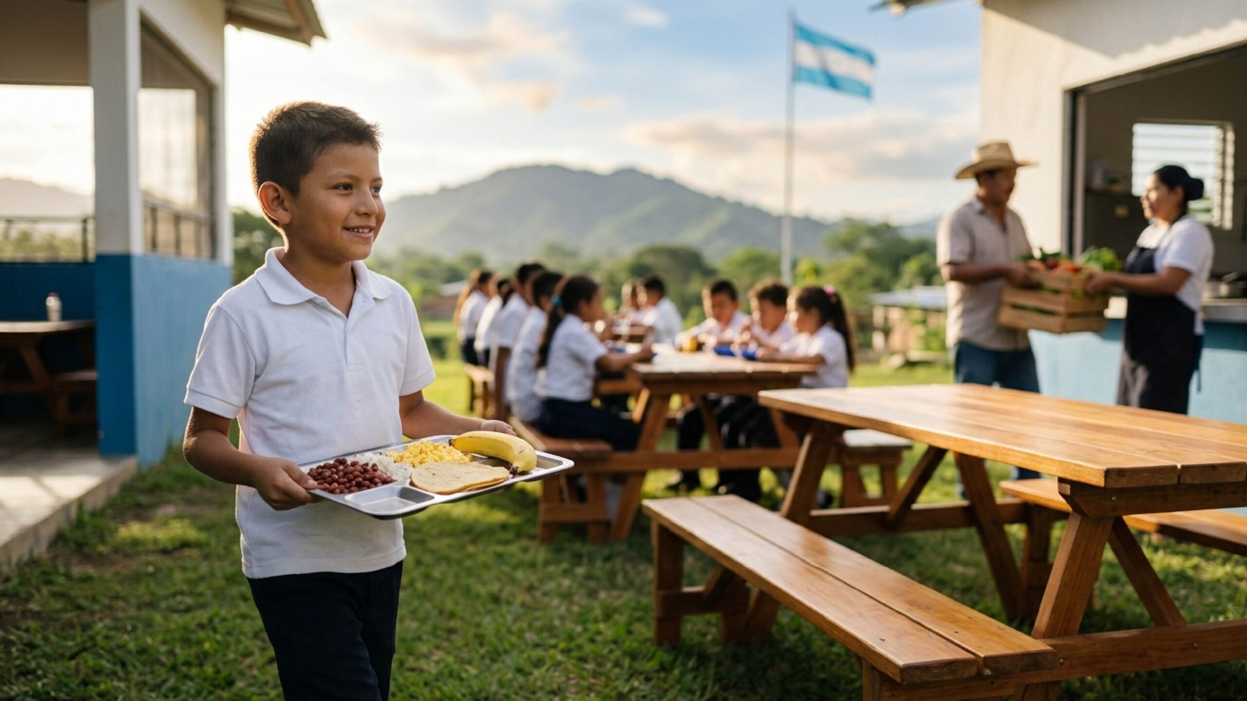 A schoolboy smiling as he carries his lunch